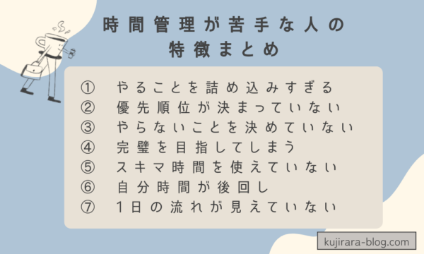 時間管理が苦手な主婦の特徴7つ（やること過多・優先順位なし・完璧主義など）をまとめた図解