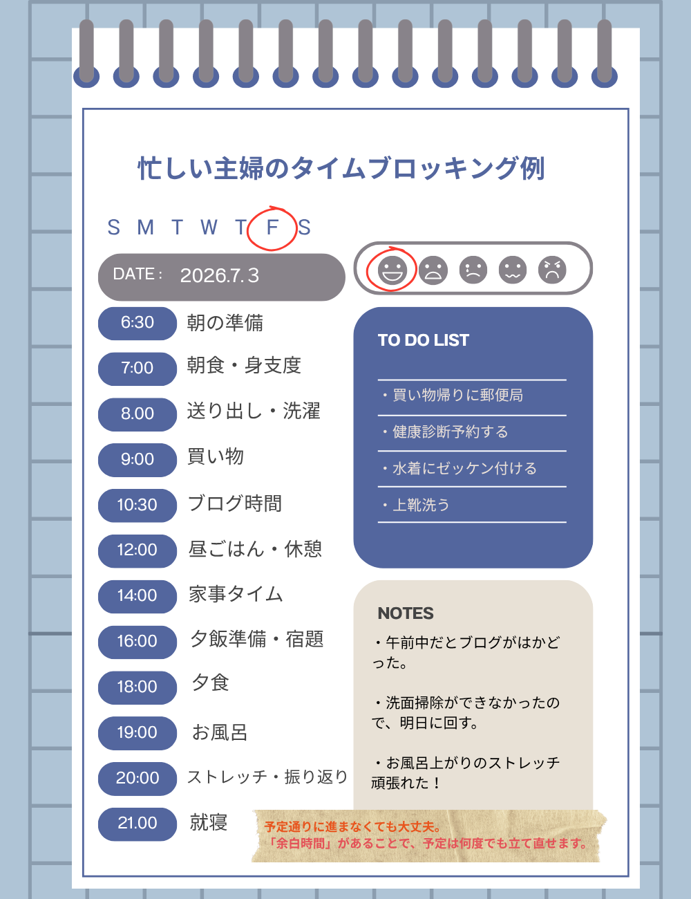 忙しい主婦向けのタイムブロッキング例を紹介したスケジュール図。家事・育児・自分時間を時間ごとに配置した例を示しています。